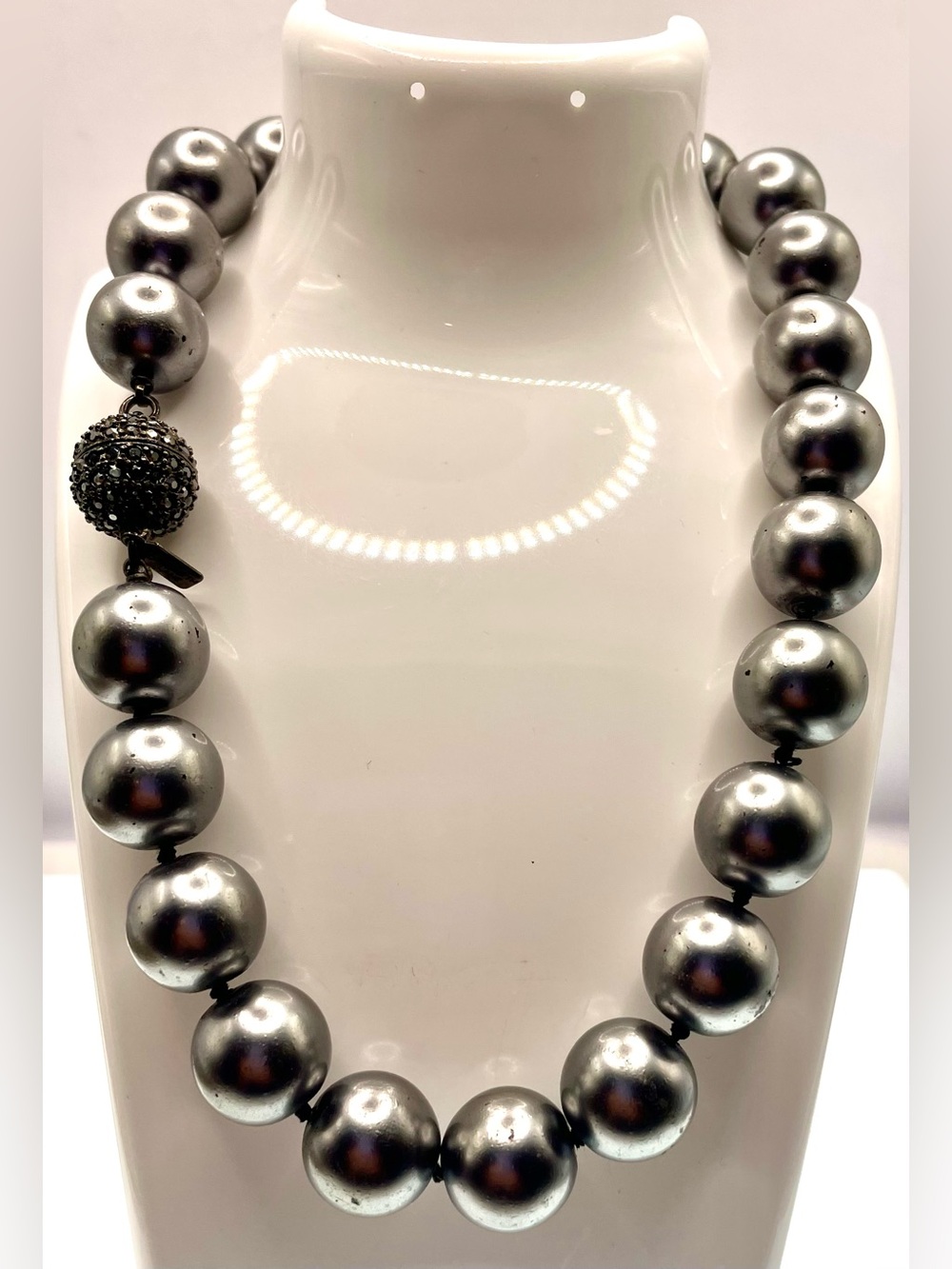 Vintage Kenneth Lane Statement Necklace Silver Tone Ball Bead Pave Clasp 1980s